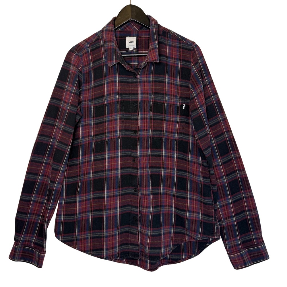 Vans Mens Large Plaid Flannel Button Down Shirt Burgundy Navy Black Long Sleeve